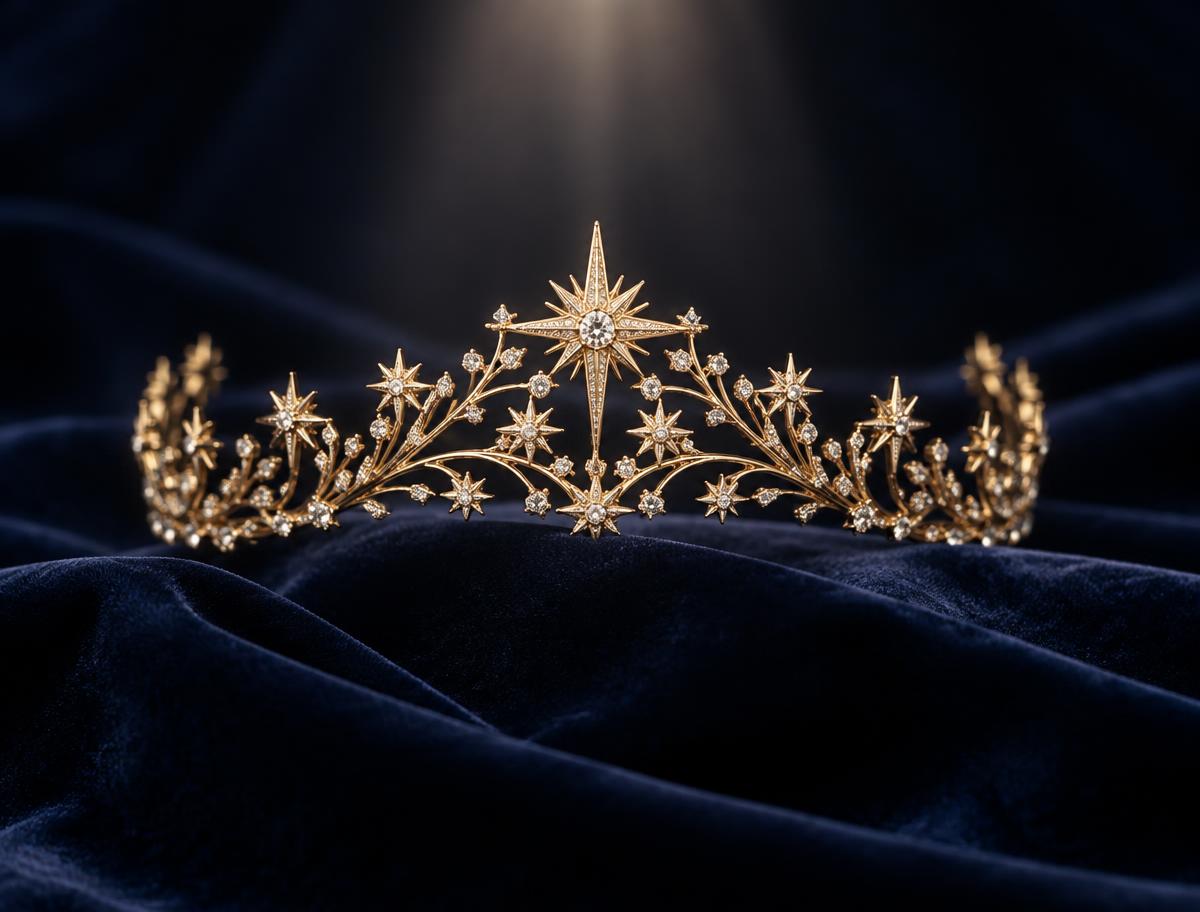 A gold star-set tiara resting on deep navy velvet beneath a soft spotlight