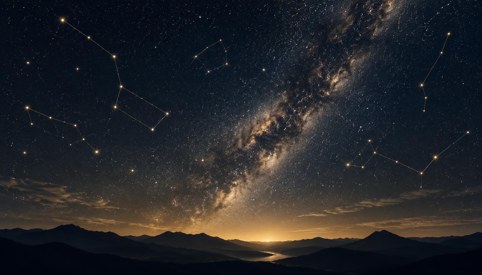 A star-filled night sky above mountain ridges, with golden constellation lines drawn between the stars