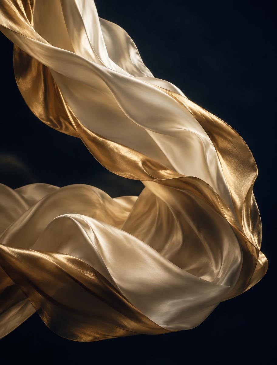 Folds of champagne and gold silk ribbon turning through darkness